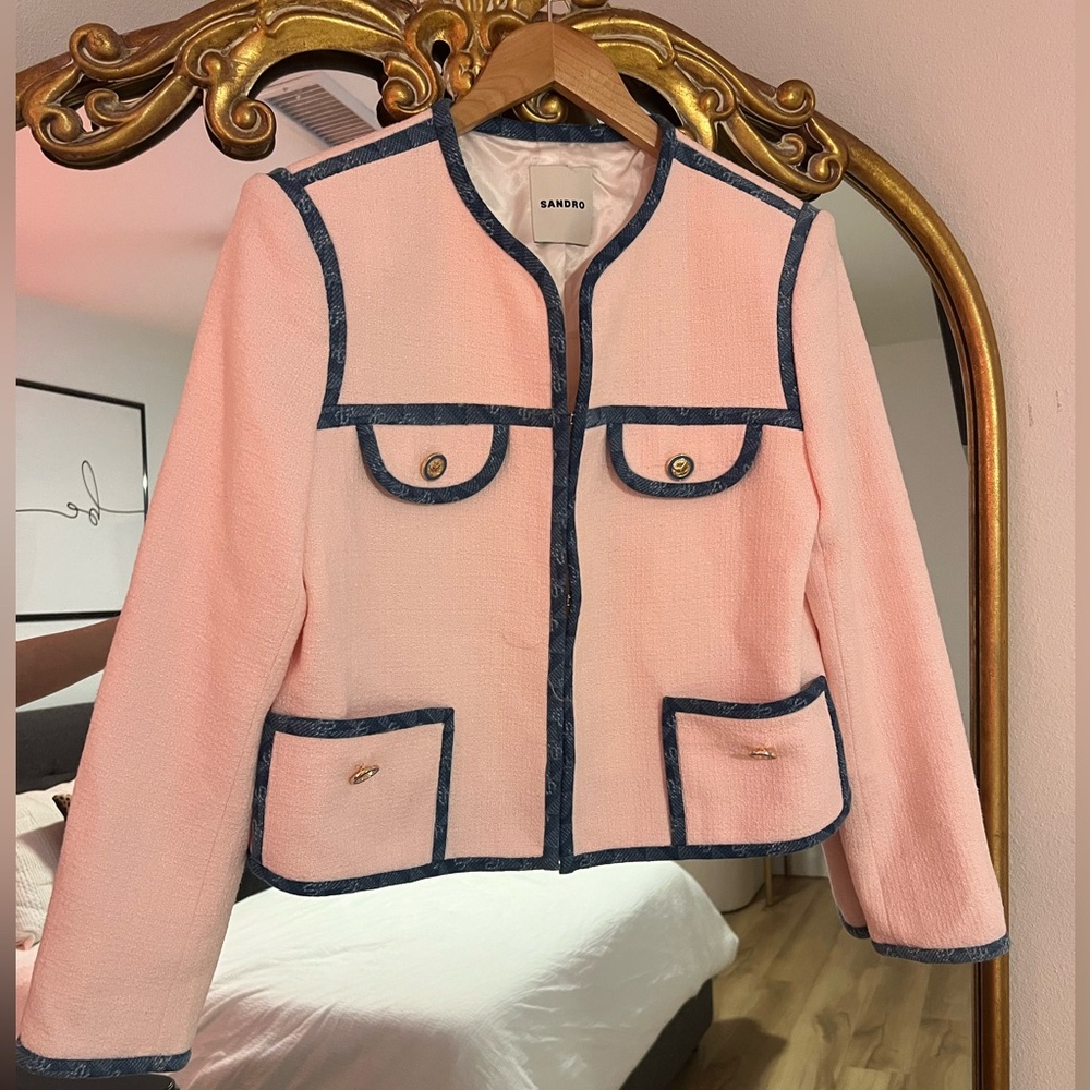Sandro Women's Blazer in Pink with Blue Accents